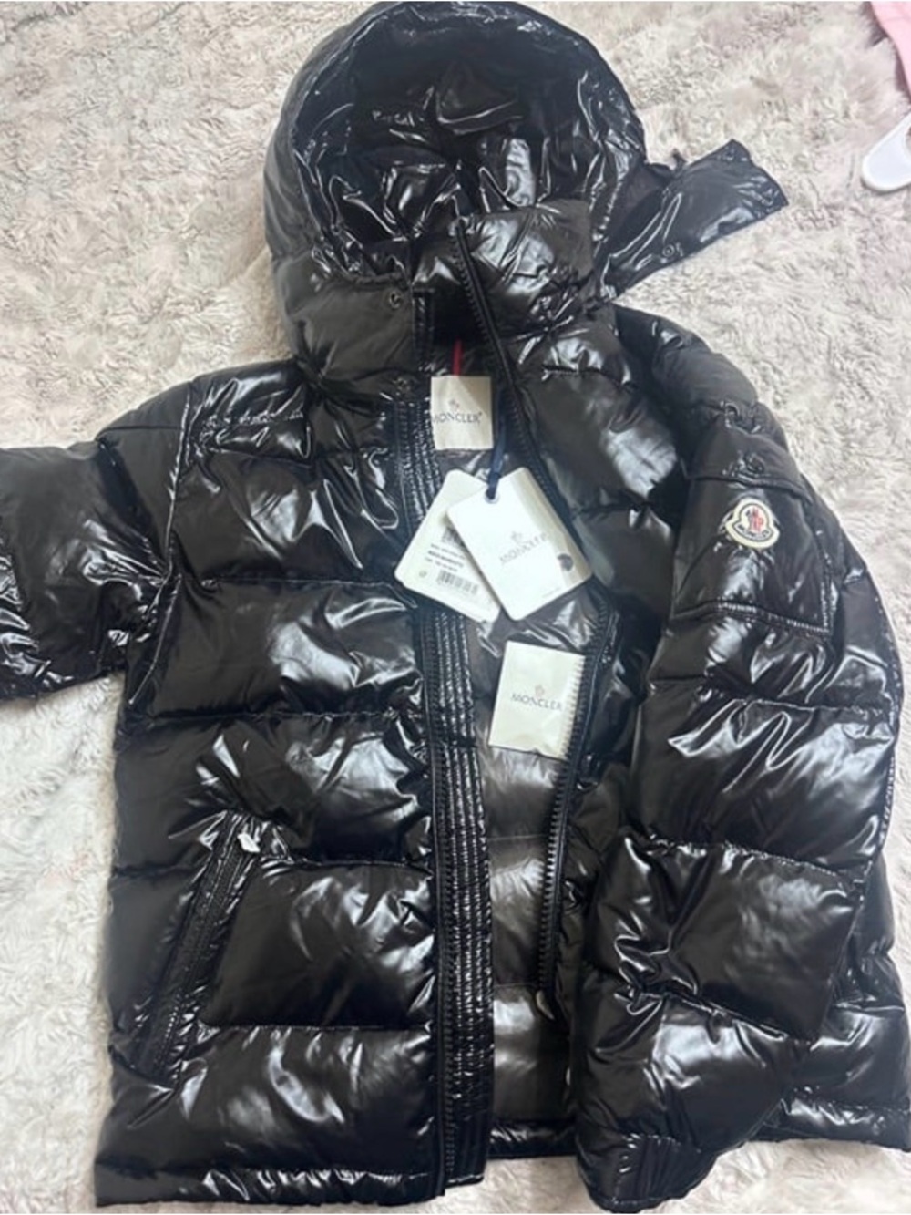 Moncler Black High-Shine Quilted Hooded Puffer